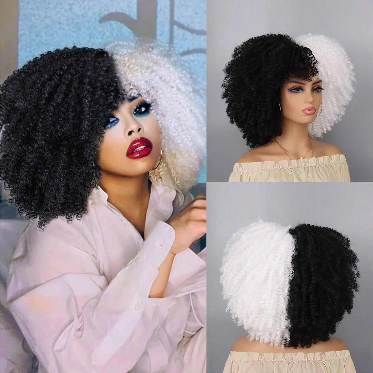 Synthetic Short Afro Kinky Curly Wig With Bangs For Black Women High Temperature Daily Party Headgear with Clips Cosplay