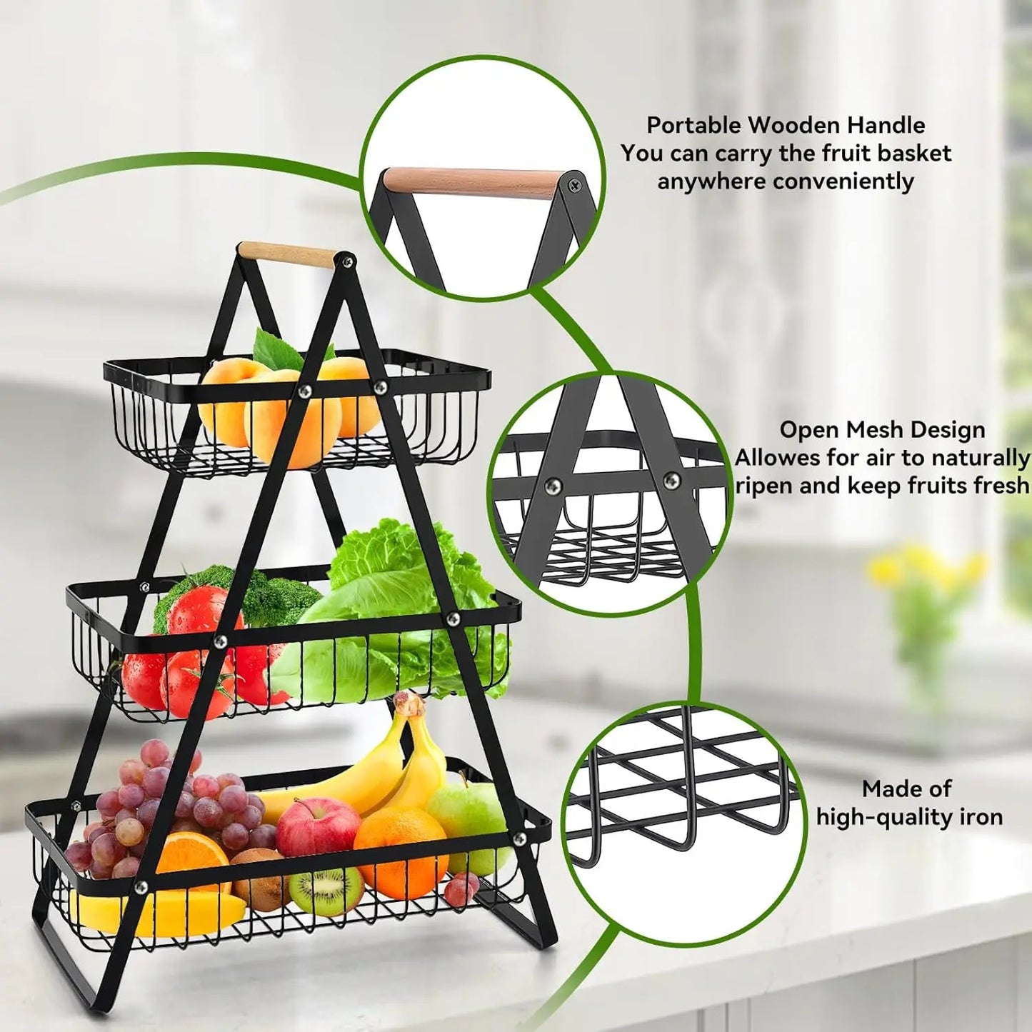 Fruit Basket with Wooden Handles Multifunctional Kitchen Counter Dining Organizer for Fruit Vegetable Bread Storage