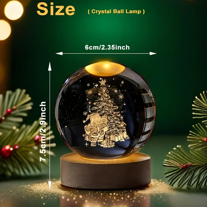 USB Christmas Decor Galaxy 3D Crystal Ball LED Night Lamp with Wooden Base for Bedroom Solar System/Snowman/Moon Fairy Lights