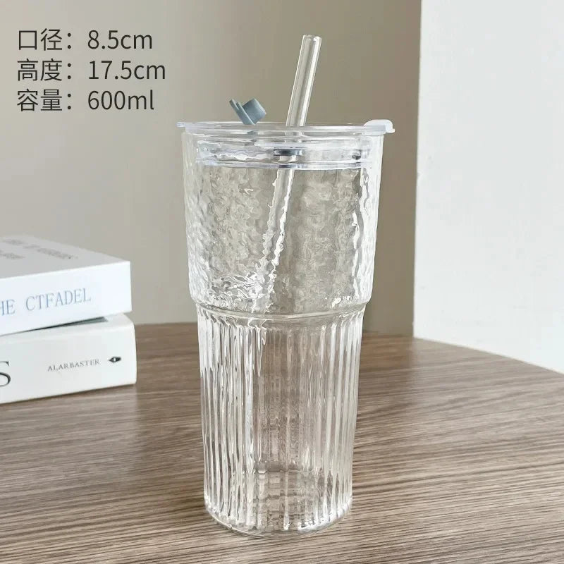 600ML Stripe Glass Cup with Lid and Straw Transparent Drinking Glasses for Juice Iced Coffee Water Cup Outdoor Drinkware Mug