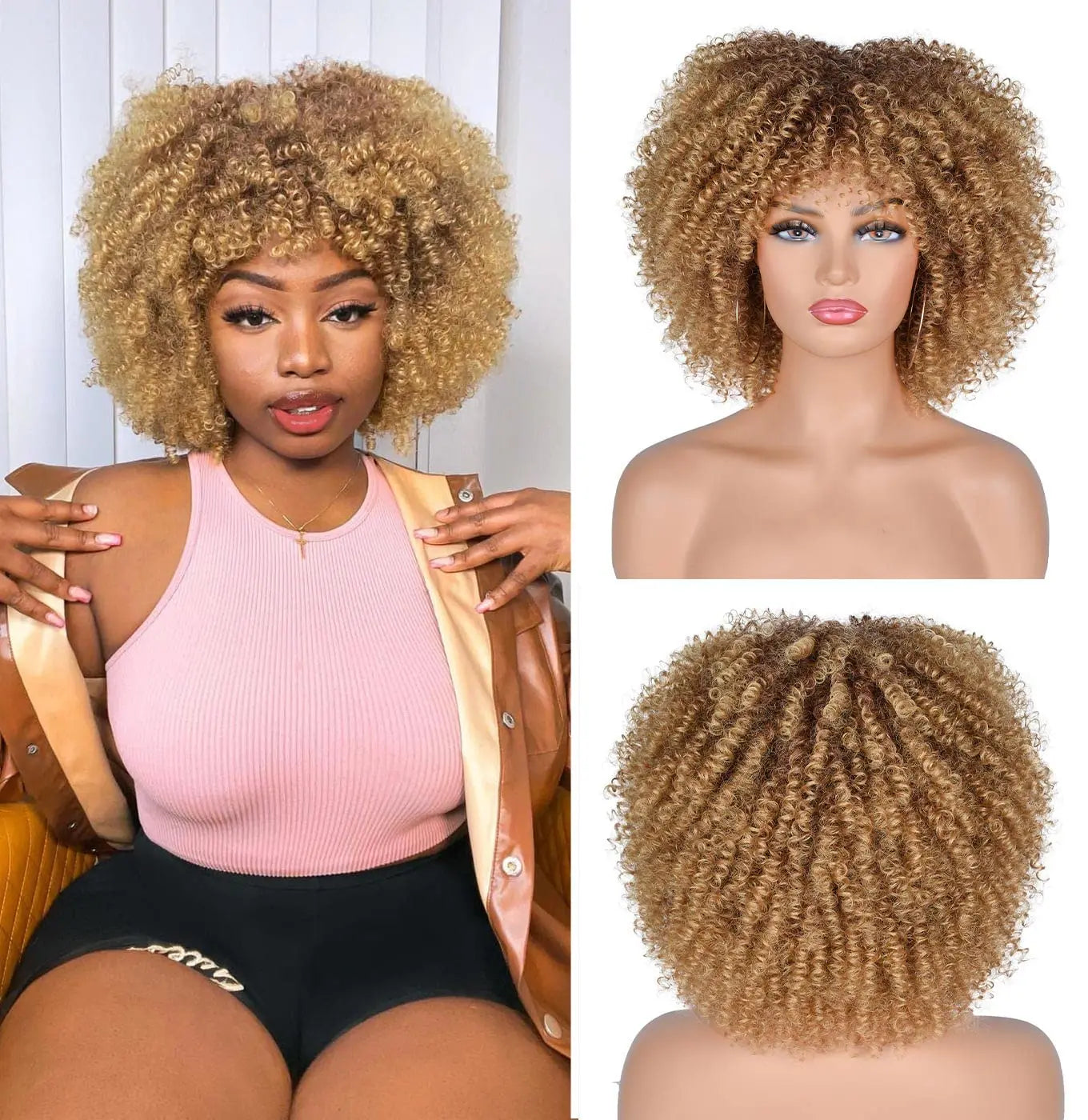 Synthetic Short Afro Kinky Curly Wig With Bangs For Black Women High Temperature Daily Party Headgear with Clips Cosplay