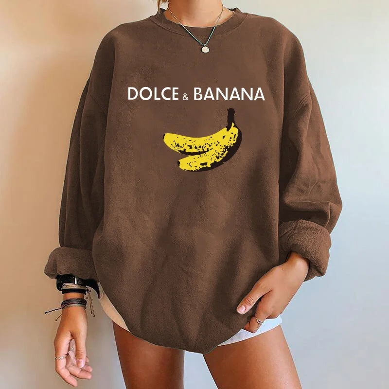 Seeyoushy Banana Print Women Sweatshirts Streetwear Round Neck Long Sleeve Drop Shoulder Loose Winter Woman Sweatshirts Moletom