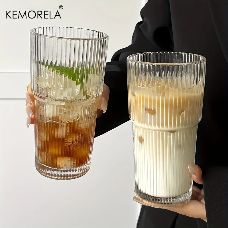 600ML Stripe Glass Coffee Cup With Lid and Straw Transparent Drinking Glasses for Juice Milk Tea Cups Iced Coffee Mugs Drinkware