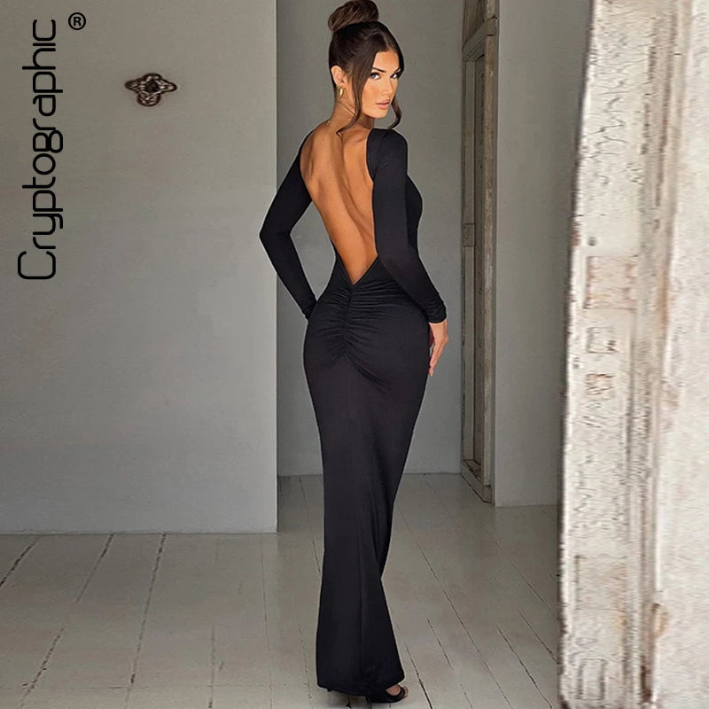 Cryptographic Elegant Open Back Ruched Bodycon Maxi Dress Birthday Outfits for Women Long Sleeve Dresses Gown Club Party