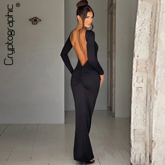 Cryptographic Elegant Open Back Ruched Bodycon Maxi Dress Birthday Outfits for Women Long Sleeve Dresses Gown Club Party