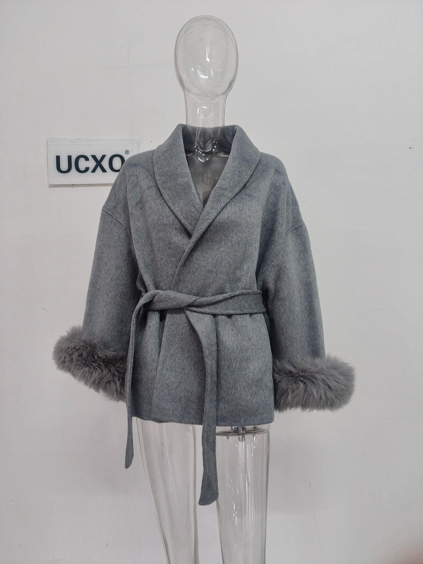 UCXQ Elegant OL Office Lady Overcoats Fur Patchwork Long Sleeve Woolen Coat Beautiful Women's Clothing Jacket Autumn 2025 Spring