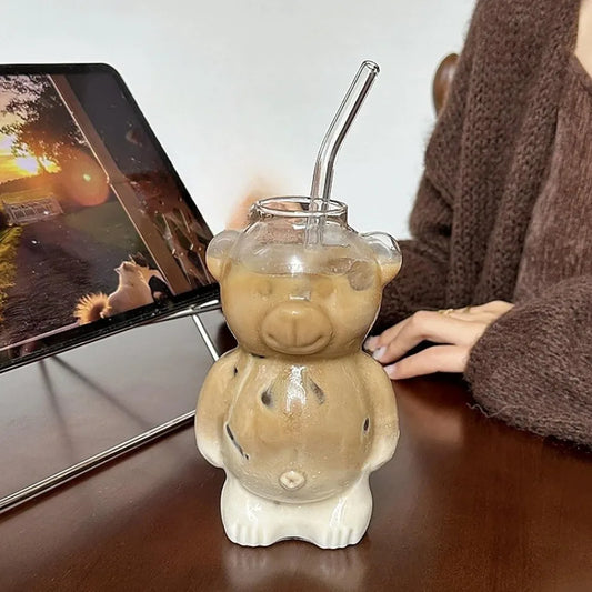 320ML Creative Cute Bear Coffee Mug  with Straw Transparent Cup Beer Milk Coffee Water Cups Wholesale Glass Drinkware Mug Set