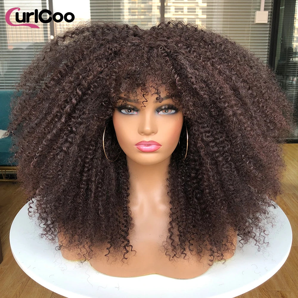 Curly Wig With Bangs Afro Curly Wigs for Black Women Synthetic Fiber Fluffy Long Curly Wig for Daily Party Cosplay