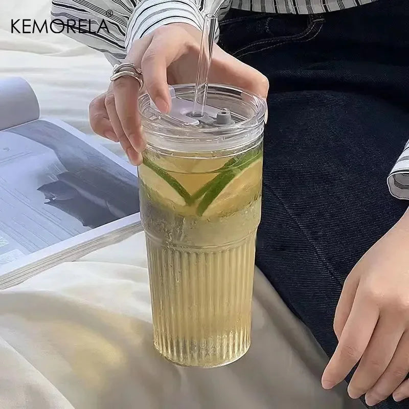 600ML Stripe Glass Cup with Lid and Straw Transparent Drinking Glasses for Juice Iced Coffee Water Cup Outdoor Drinkware Mug