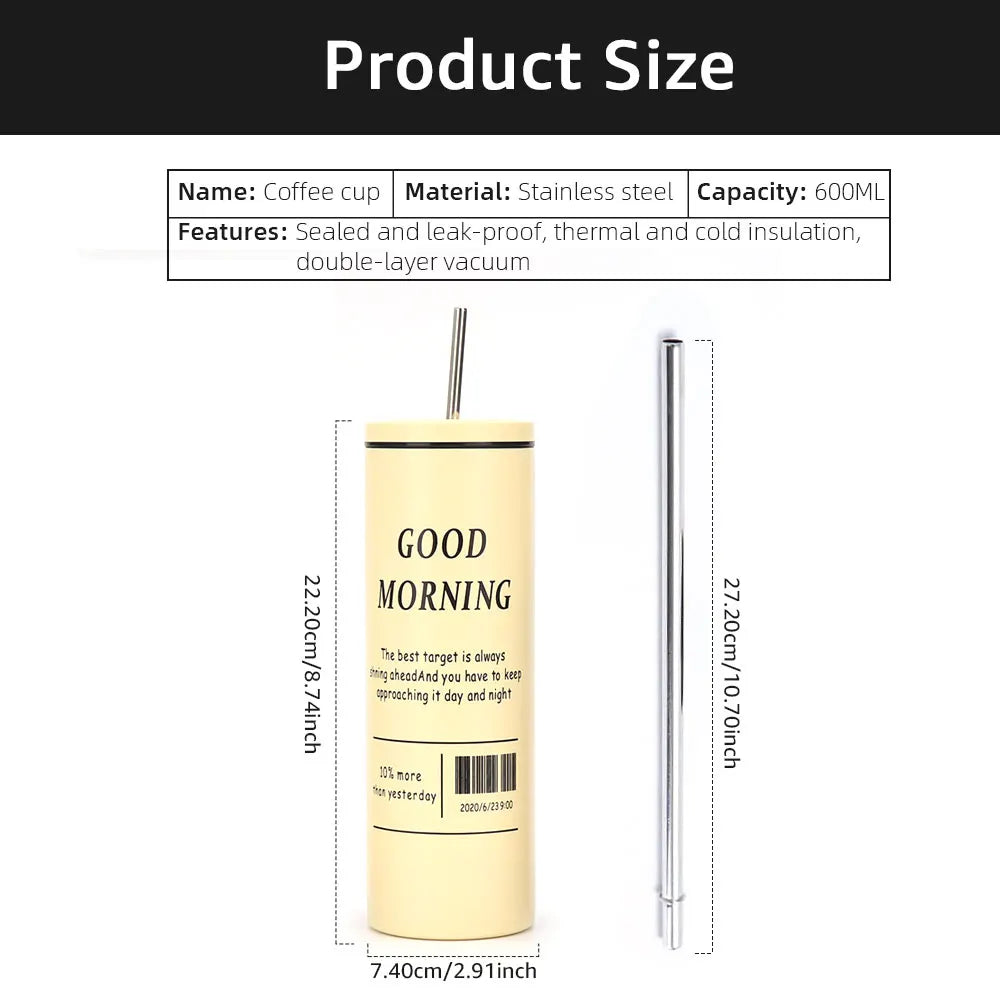 Coffee Cup Thermos 304 Stainless Steel Double -layer Cooler Straw Cup Portable Reusable Ins Ice American Coffee Mug Water Bottle