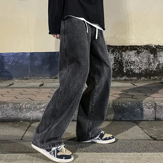 Fashion Men's Solid Color Drape Jeans Loose Straight Korean Vintage High Street Hip-hop Y2K Casual Daily Dragging Wide-leg Pants