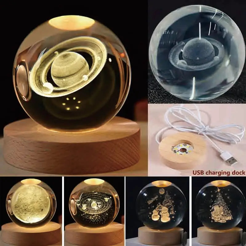 USB Christmas Decor Galaxy 3D Crystal Ball LED Night Lamp with Wooden Base for Bedroom Solar System/Snowman/Moon Fairy Lights