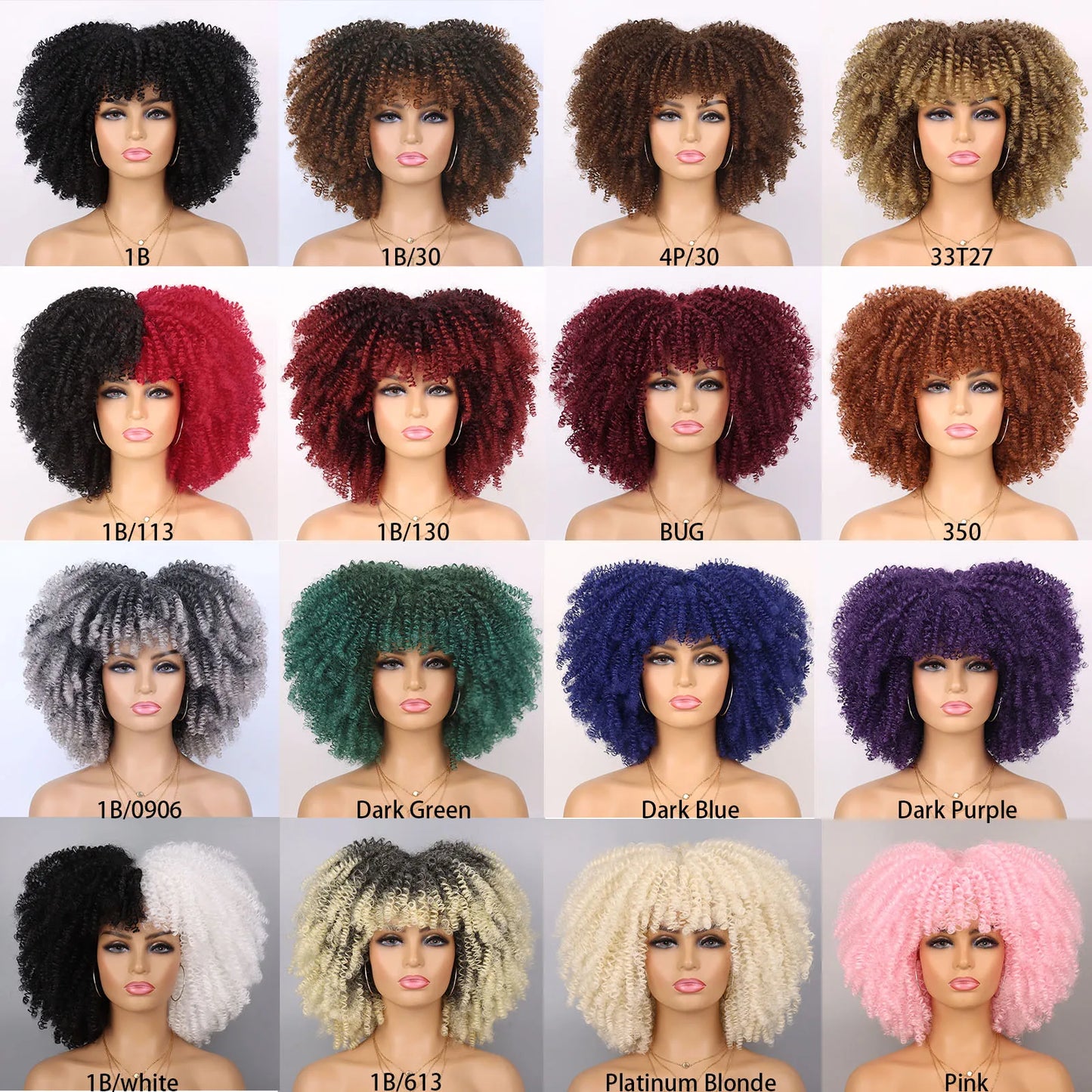 Synthetic Short Afro Kinky Curly Wig With Bangs For Black Women High Temperature Daily Party Headgear with Clips Cosplay