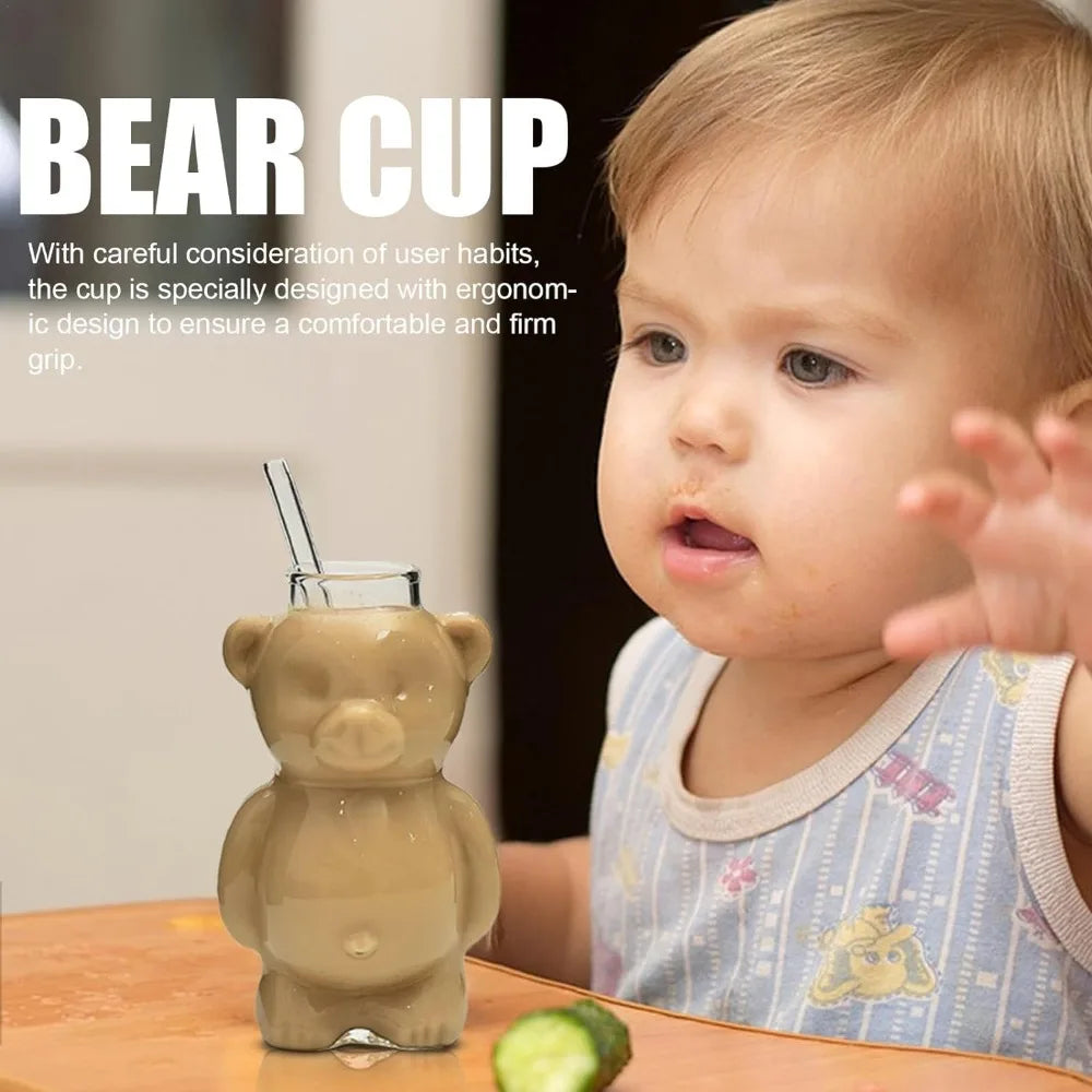 320ML Creative Cute Bear Coffee Mug  with Straw Transparent Cup Beer Milk Coffee Water Cups Wholesale Glass Drinkware Mug Set