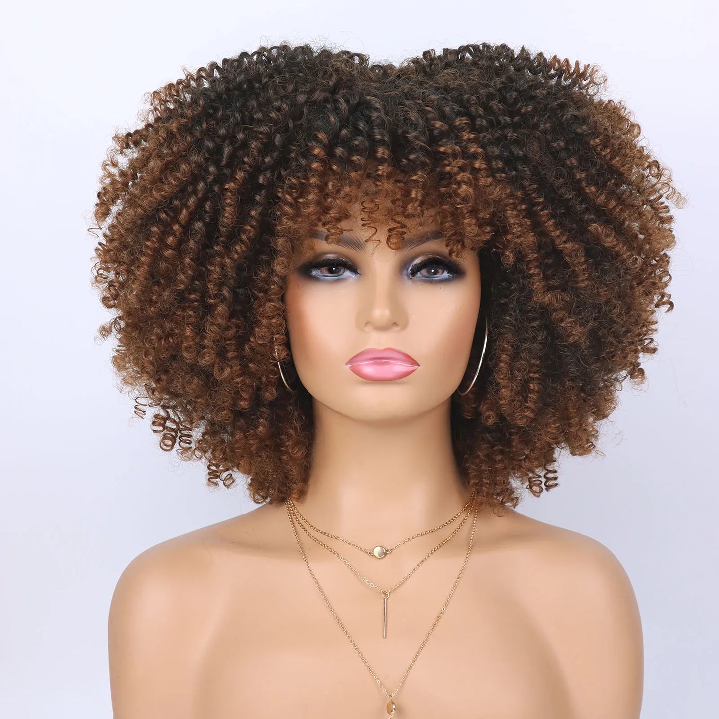 Synthetic Short Afro Kinky Curly Wig With Bangs For Black Women High Temperature Daily Party Headgear with Clips Cosplay