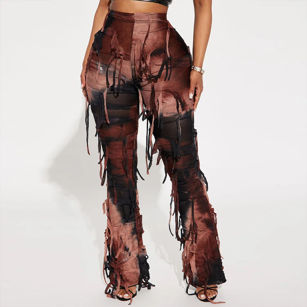 Tie Dye Fringe Pant Cargo Trousers Y2K Streetwear Fashion 2023 Women Summer Clothes Pencil Casual Tassel Sweat Pants Joggers