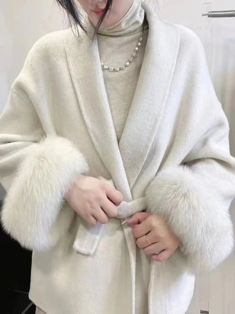 UCXQ Elegant OL Office Lady Overcoats Fur Patchwork Long Sleeve Woolen Coat Beautiful Women's Clothing Jacket Autumn 2025 Spring