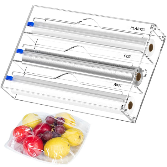 New 3 IN 1 Plastic Wrap Dispenser with Cutter Food Wrap Cling Film Storage Organizer Acrylic Foil Organizer for Kitchen Drawer