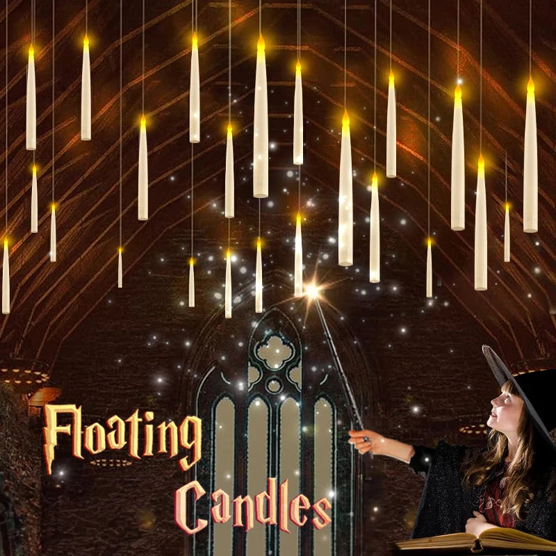 Christmas Floating Candles With Magic Wand Remote,LED Flameless Warm Hanging Candle,Flickering Battery Operated Taper Candle