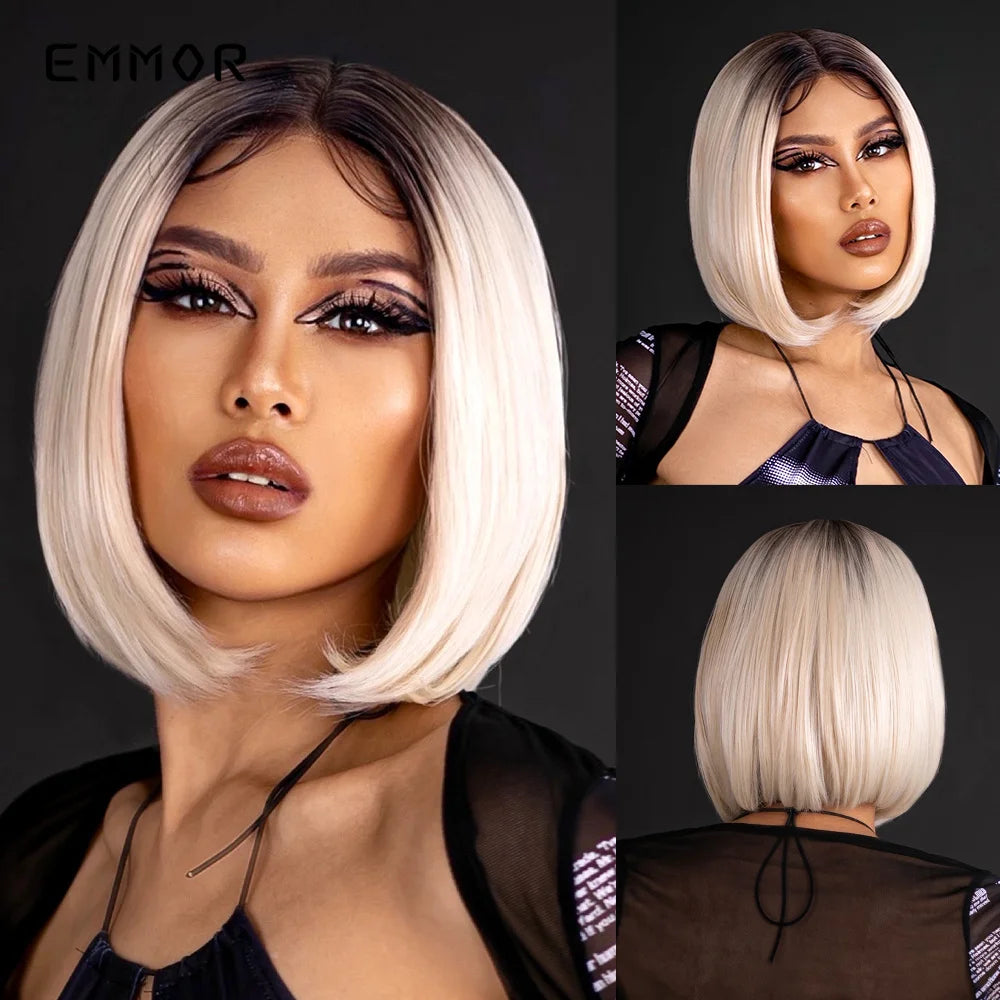 Short Blonde Lace Frontal Synthetic Wig Simulation of Human Hair Ombre Blonde Straight Bob Hair Wig For Women Heat Resistant