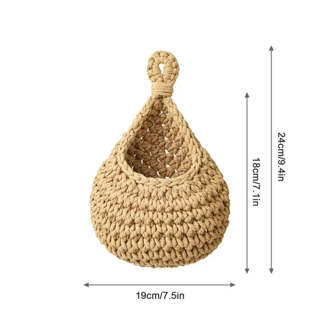 Hanging Wall Basket Hand Woven Storage Basket Kitchen Hanging Net Pocket Waterdrop Shape Fruits Vegetable Plant Storage Net Bag