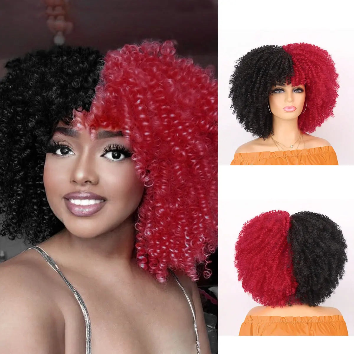 Synthetic Short Afro Kinky Curly Wig With Bangs For Black Women High Temperature Daily Party Headgear with Clips Cosplay