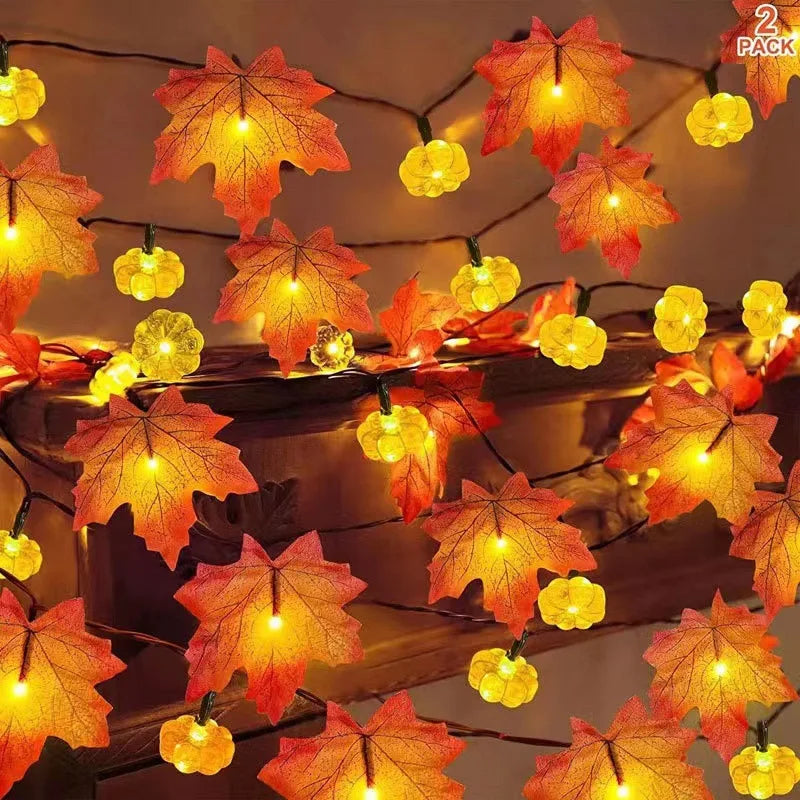 Artificial Autumn Maple Leaves Pumpkin Garland LED Fairy String Light Christmas Thanksgiving Decoration DIY Halloween Party Home