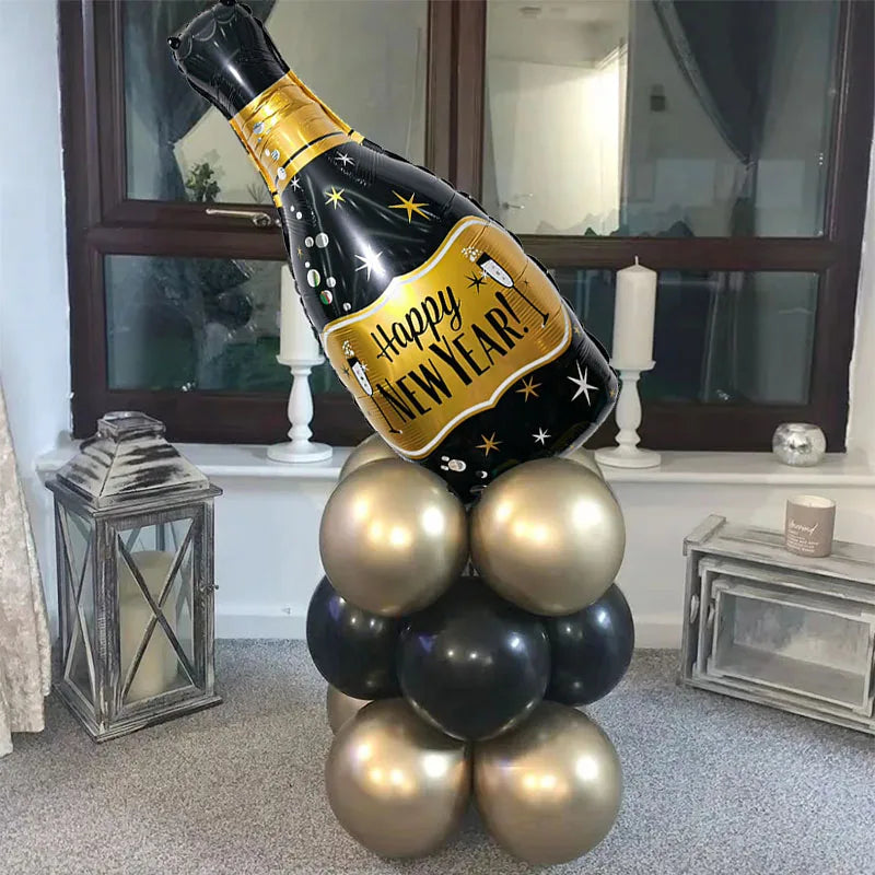 Black Gold Big Wine Bottle Foil Latex Balloons Christmas Decorations For Home Happy New Year 2025 Xmas Eve Party Globos Supplies