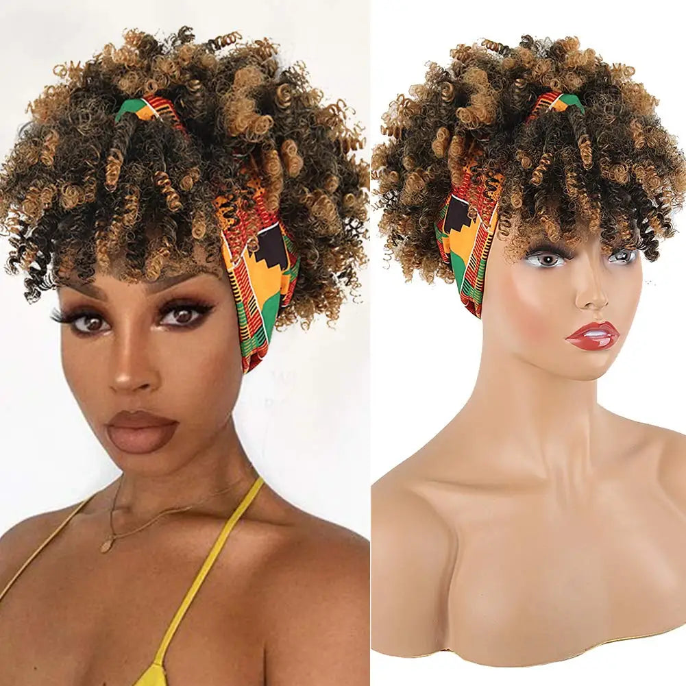 Curly Wigs for Black Women Short Afro Kinky Curly Headbands for Wigs,Curly Synthetic Black Wig with Bangs Wrap Wig with Headband