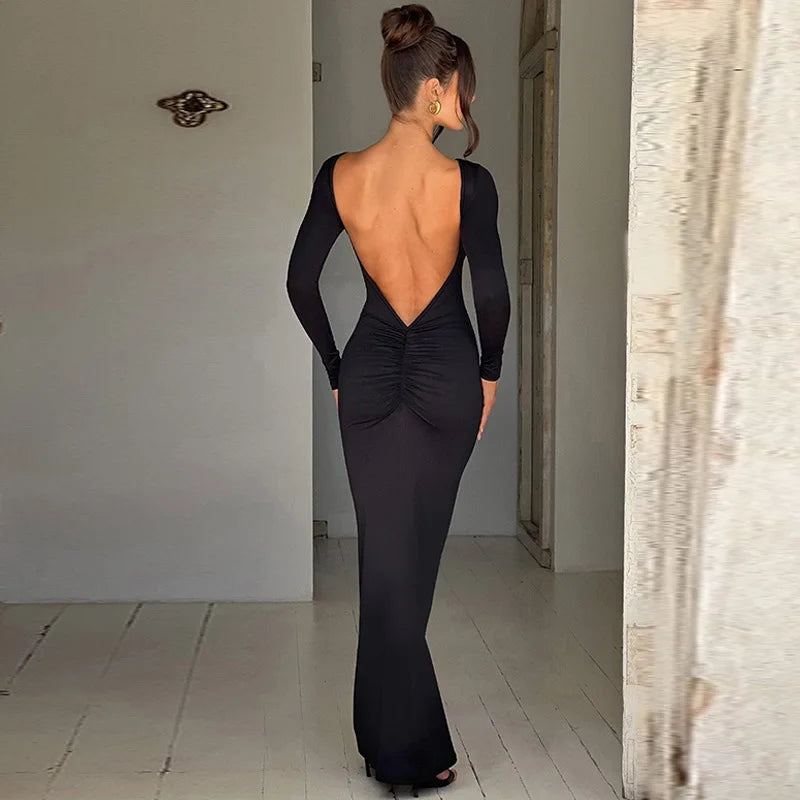 Cryptographic Elegant Open Back Ruched Bodycon Maxi Dress Birthday Outfits for Women Long Sleeve Dresses Gown Club Party