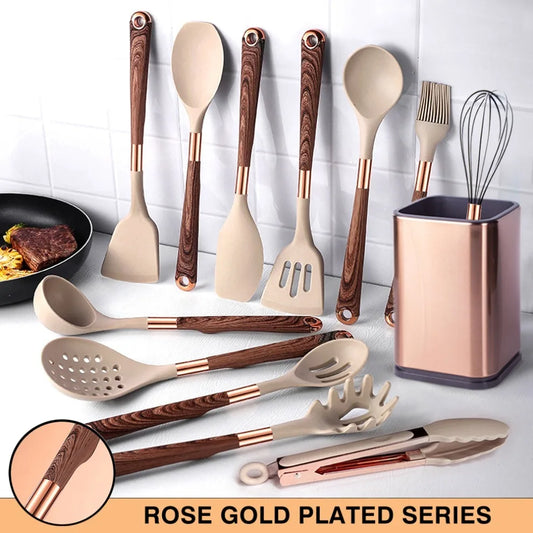 Silicone Cooking Utensils Set Heat Resistant Kitchen Spatula Spoon  Non-Stick Tools Gift With Rose Gold-Plated Handle And Holder