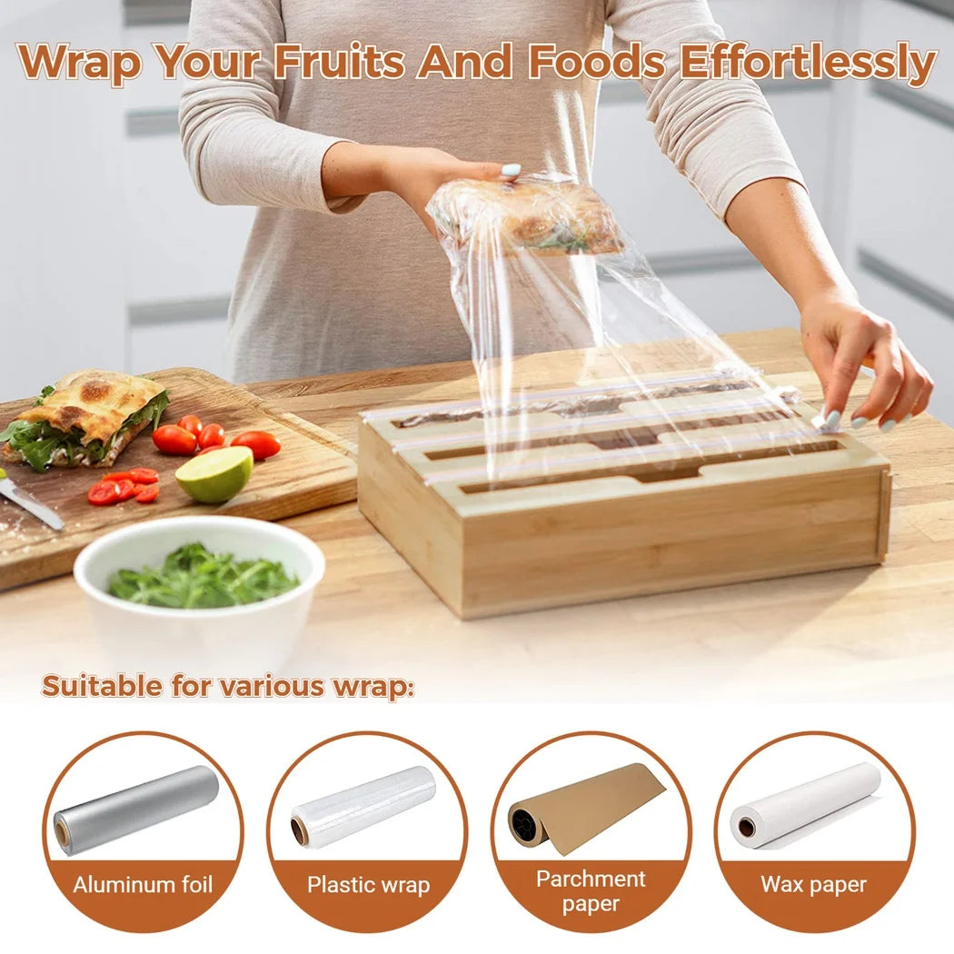 Foil Plastic Wrap Dispenser With Cutter 3-Layer Wrap Dispenser For Parchment Wax Paper Aluminum Foil Bamboo Wrap Dispenser