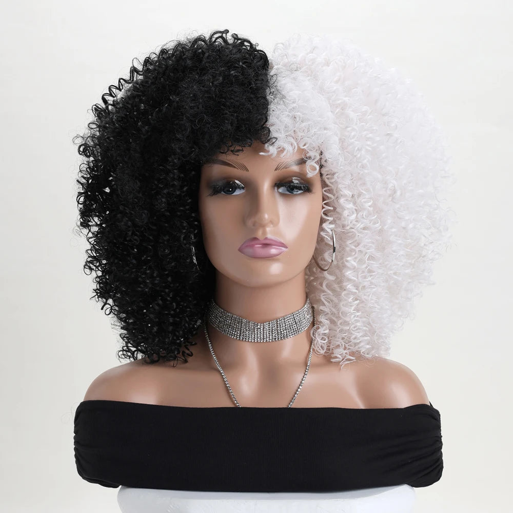 16 Inch Afro Kinky Curly Hair Wigs With Bangs Soft Fluffy Synthetic Fiber None Lace Wigs For Party Cosplay Daily Use