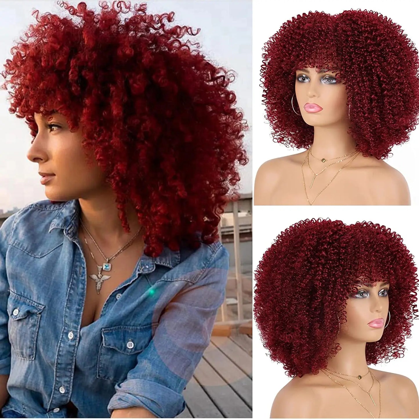 Synthetic Short Afro Kinky Curly Wig With Bangs For Black Women High Temperature Daily Party Headgear with Clips Cosplay