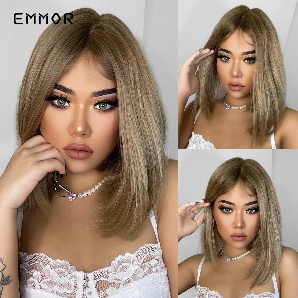 Short Blonde Lace Frontal Synthetic Wig Simulation of Human Hair Ombre Blonde Straight Bob Hair Wig For Women Heat Resistant