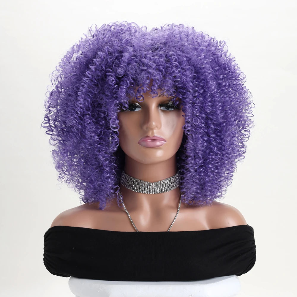 16 Inch Afro Kinky Curly Hair Wigs With Bangs Soft Fluffy Synthetic Fiber None Lace Wigs For Party Cosplay Daily Use