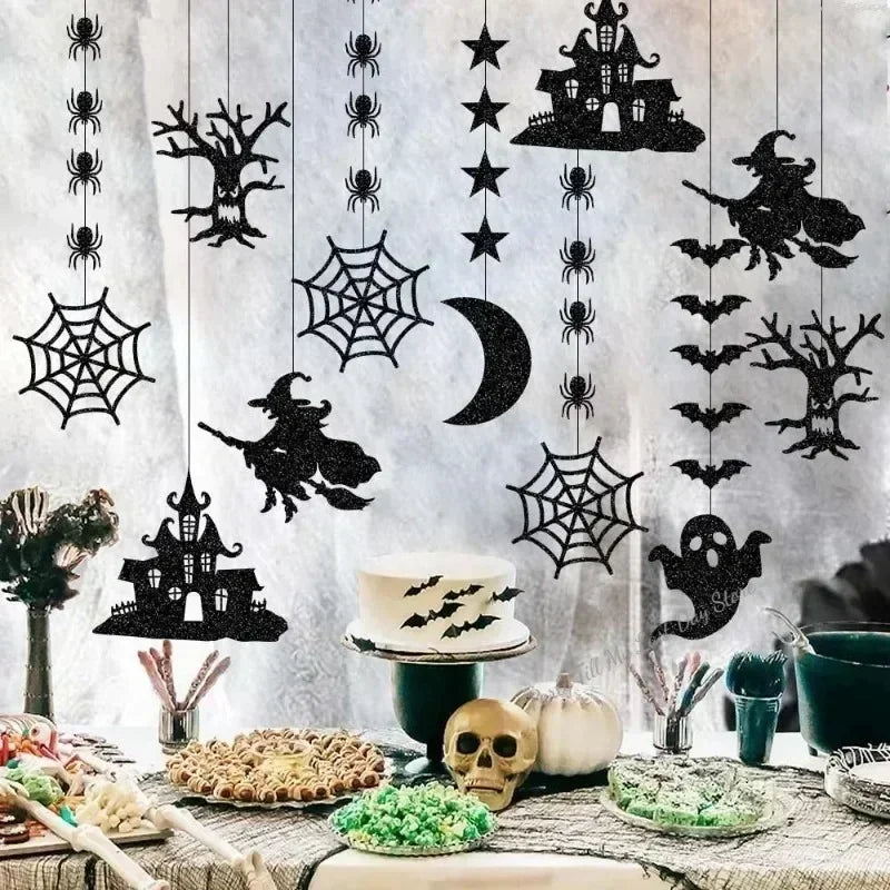 6pcs Halloween Hanging Banner Garland Scary Spider Witch Ghost Bat Pendant Ornament Happy Halloween Party Decorations for Home