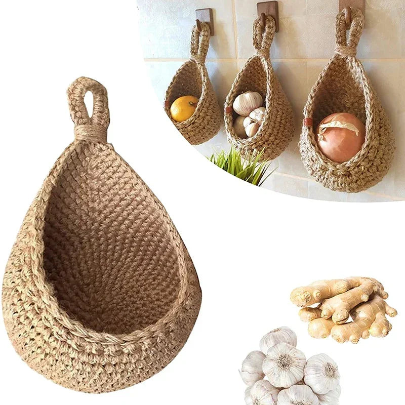 Hanging Wall Basket Hand Woven Storage Basket Kitchen Hanging Net Pocket Waterdrop Shape Fruits Vegetable Plant Storage Net Bag