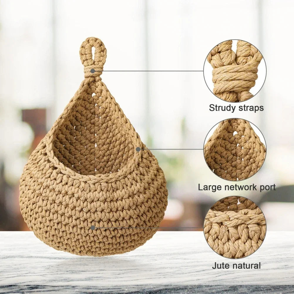 Hanging Wall Basket Hand Woven Storage Basket Kitchen Hanging Net Pocket Waterdrop Shape Fruits Vegetable Plant Storage Net Bag