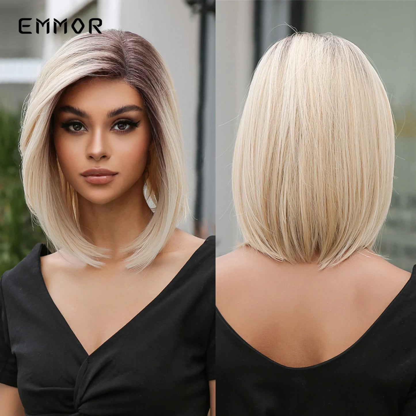 Short Blonde Lace Frontal Synthetic Wig Simulation of Human Hair Ombre Blonde Straight Bob Hair Wig For Women Heat Resistant