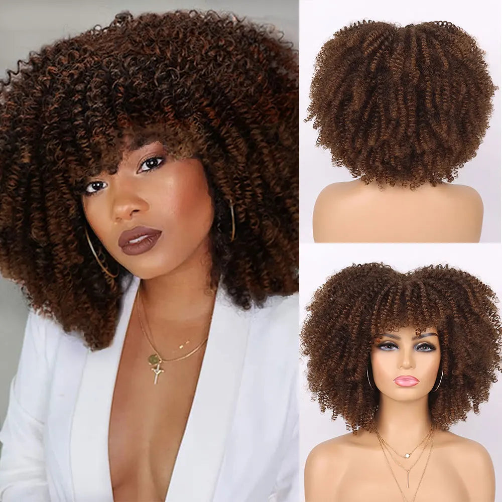 Synthetic Short Afro Kinky Curly Wig With Bangs For Black Women High Temperature Daily Party Headgear with Clips Cosplay