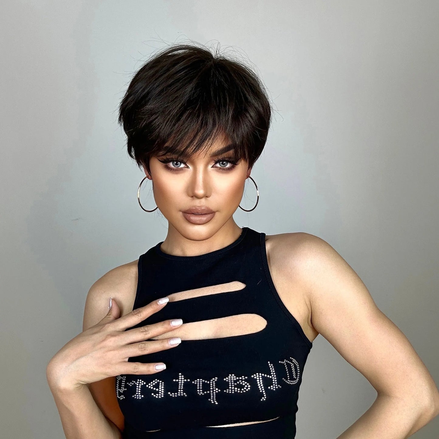 Pixie Cut Wigs for Women Natural Synthetic Short Black Layered Hair Wig with Fluffy Bangs Afro Daily Heat Resistant