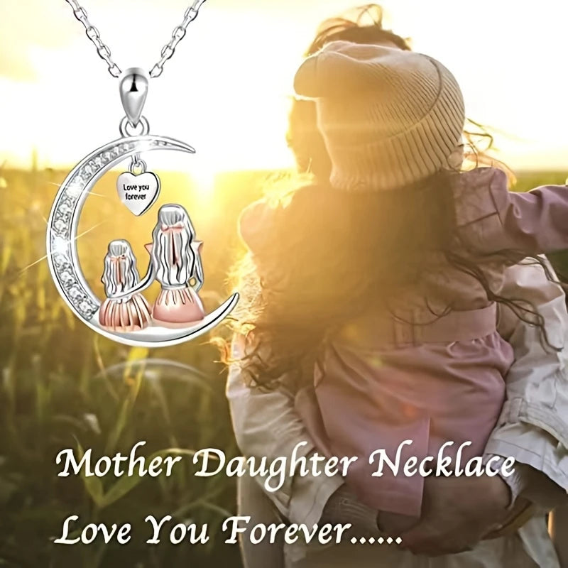 Mom Daughter Moon Pendant Necklace