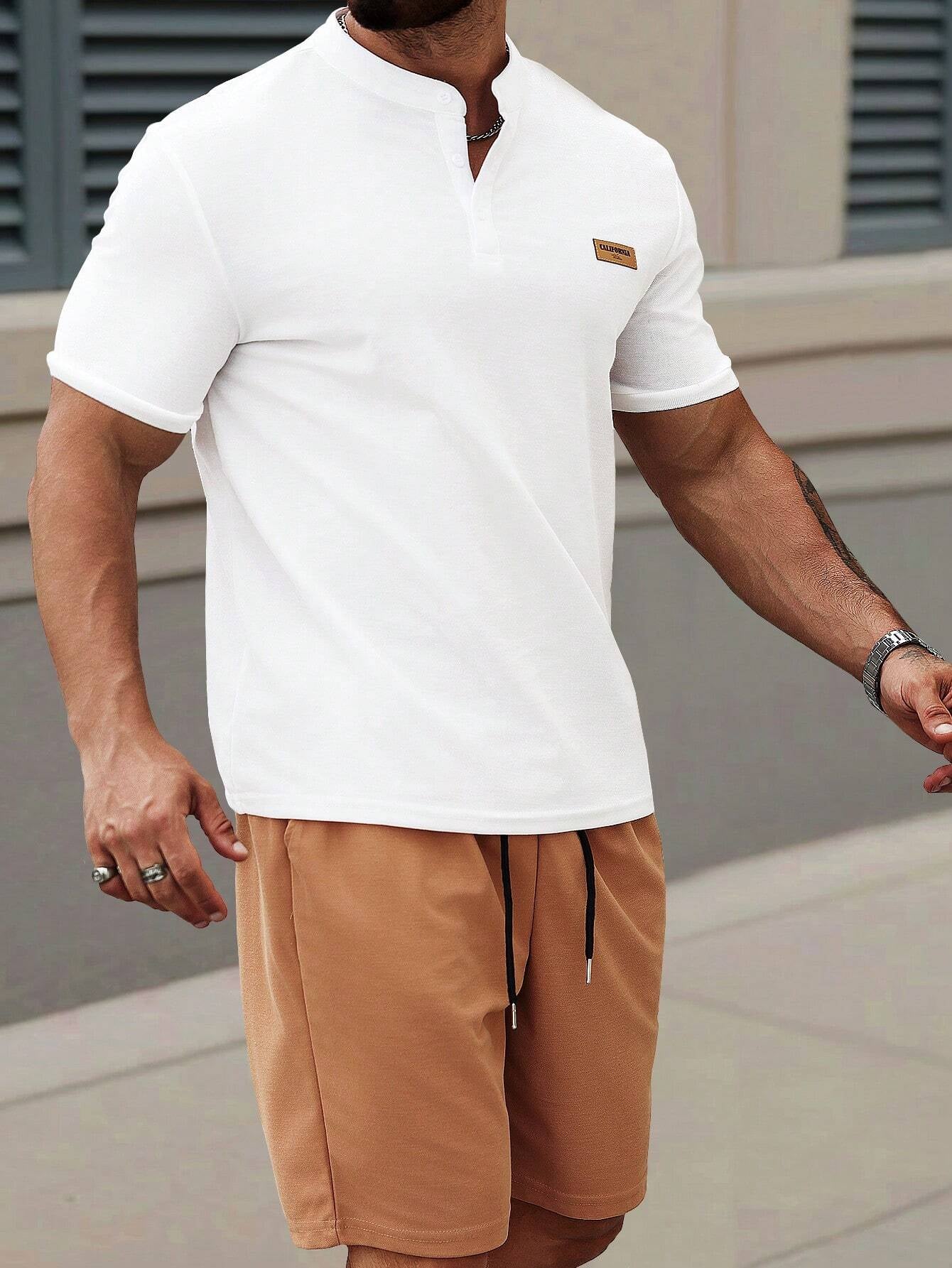 Manfinity Homme Men'S Solid Color Simple Polo Shirt and Shorts Set for Daily Wear