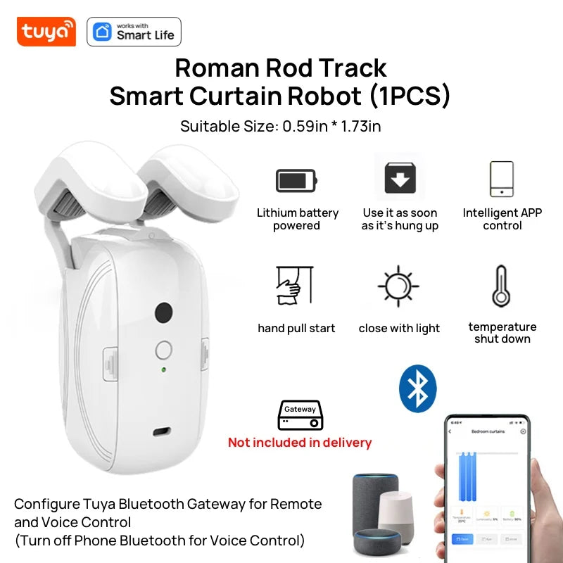 1PCS Tuya Smart Curtain Robot, Roman Rod Track, APP Control,Single/Double (Works with Tuya Gateway for Remote Control）