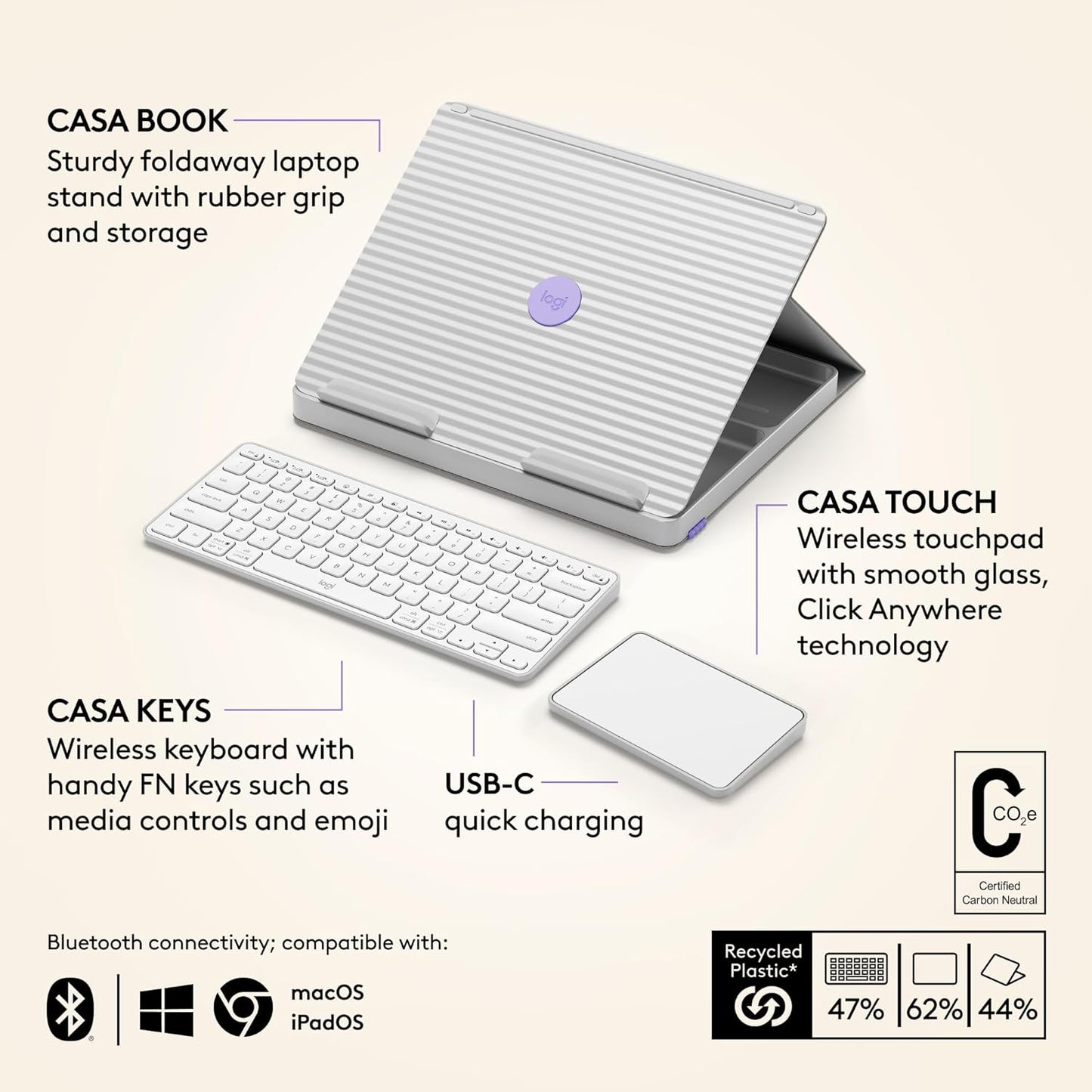 Casa Pop up Desk Work from Home Kit with Laptop Stand, Wireless Keyboard & Touchpad, Bluetooth, USB C Charging, for Laptop/Macbook (10” to 17”) - Windows, Macos, Chromeos - Nordic Calm