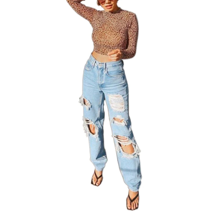 Women Ripped Straight Leg Jeans High Waist Loose Denim Pants Lady Causal Boyfriend Style Pants Vintage Streetwear Hole Trousers