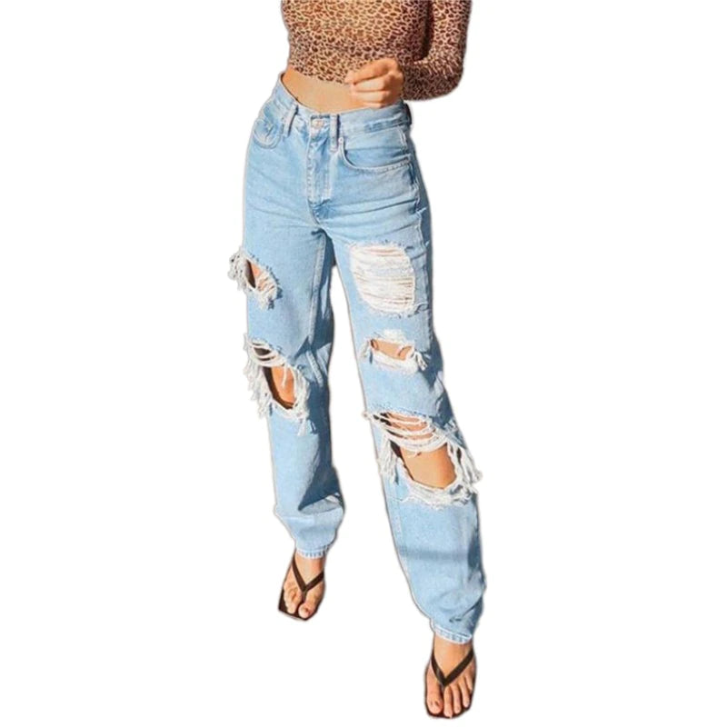 Women Ripped Straight Leg Jeans High Waist Loose Denim Pants Lady Causal Boyfriend Style Pants Vintage Streetwear Hole Trousers