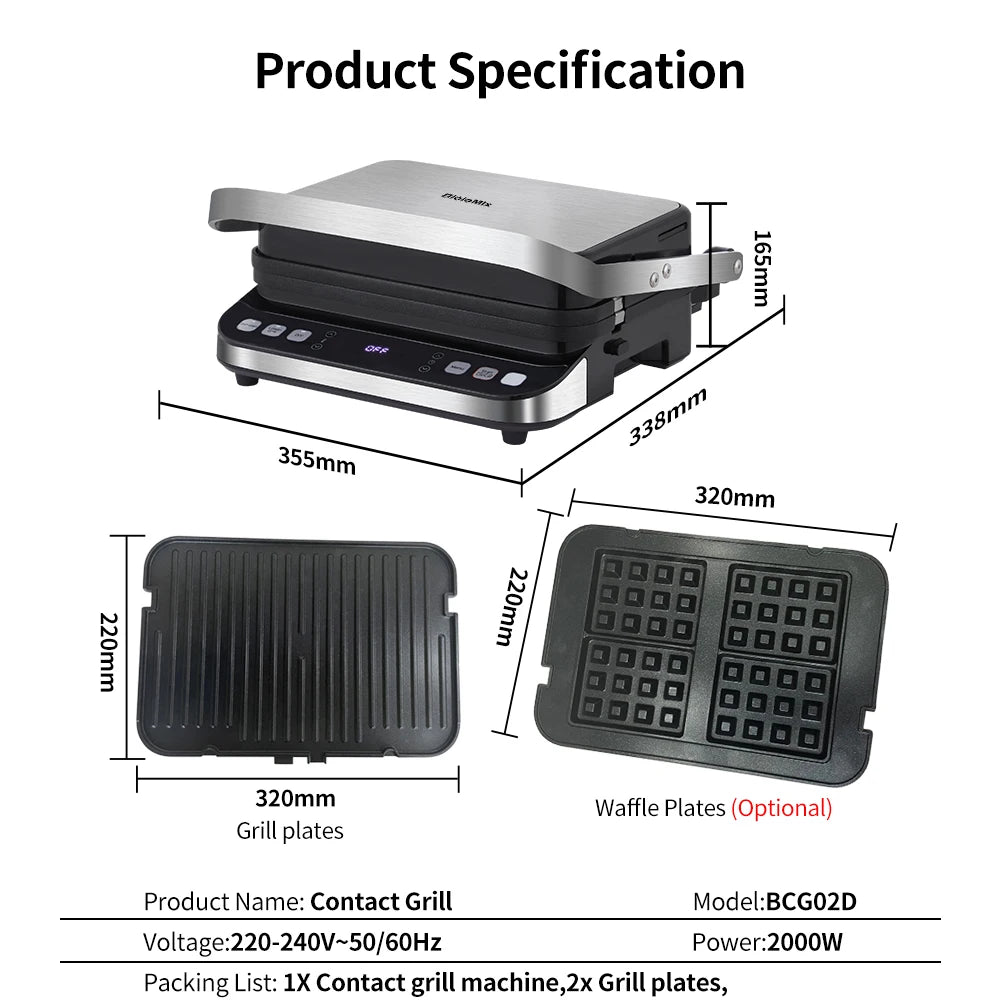 Biolomix 2000W Electric Contact Grill Digital Griddle and Panini Press, Optional Waffle Maker Plates, Opens 180 Degree Barbecue